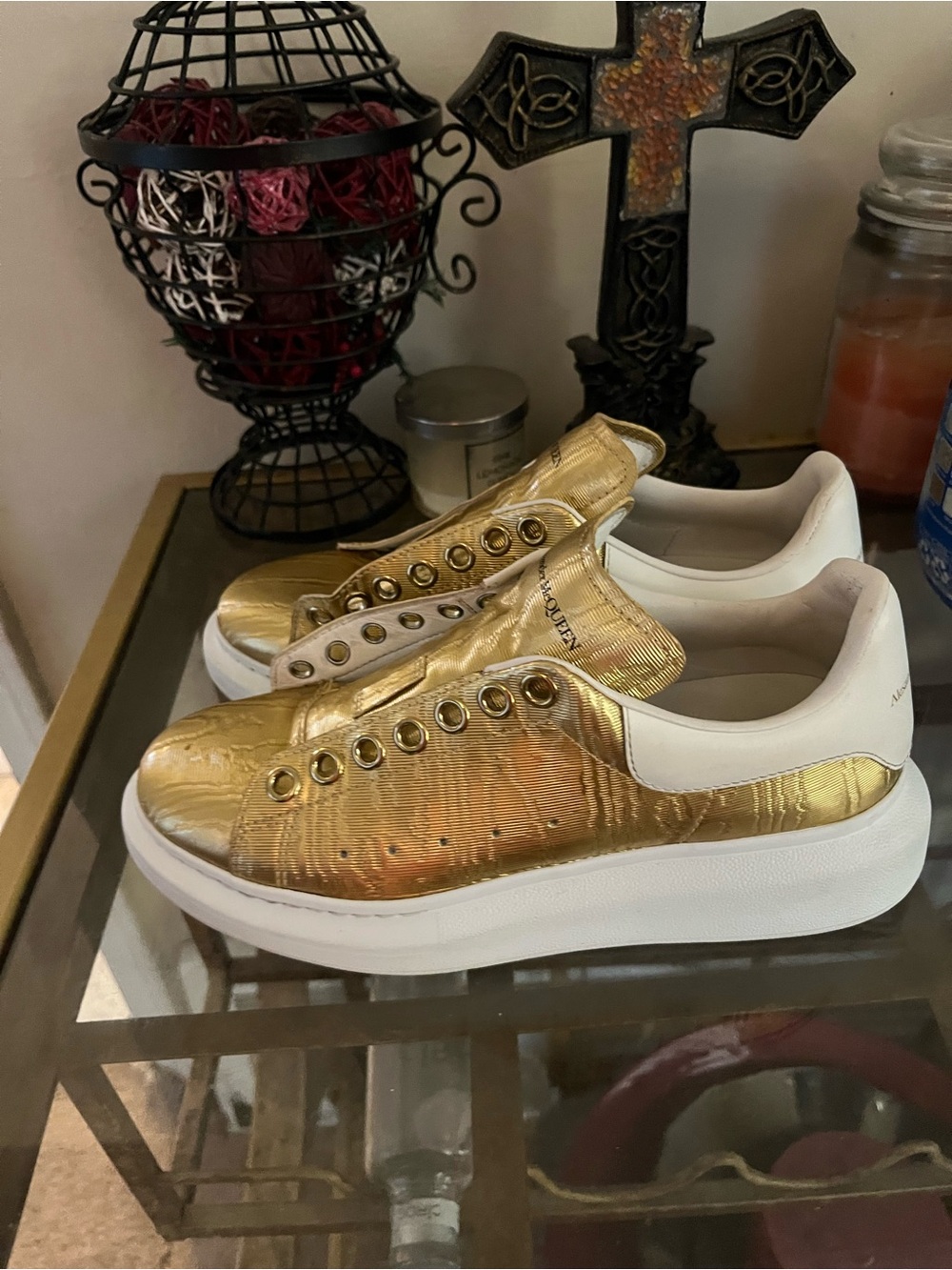 Alexander McQueen Gold Metallic Platform Sneakers with White Heel size 38 - Picture 4 of 5
